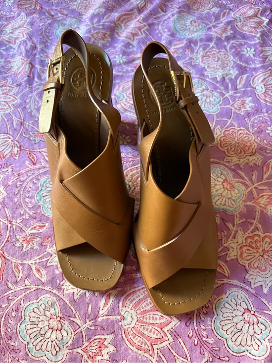 Tory Burch Shoes - Tory Burch Tan Leather Wedge Slingbacks
